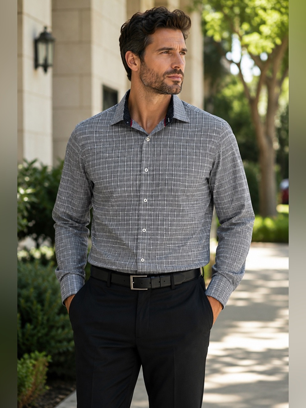 Bugatchi Classic Fit XL Gray Black Glen Plaid 100% Cotton Button Up Shirt Men’s